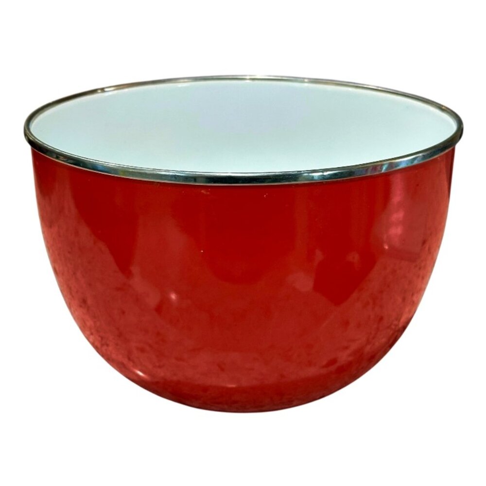 VTG Red Enamel Mixing Bowl w Silver Rim 8.25 x 5.5 Inches Mid Century Farmhouse - Picture 2 of 8